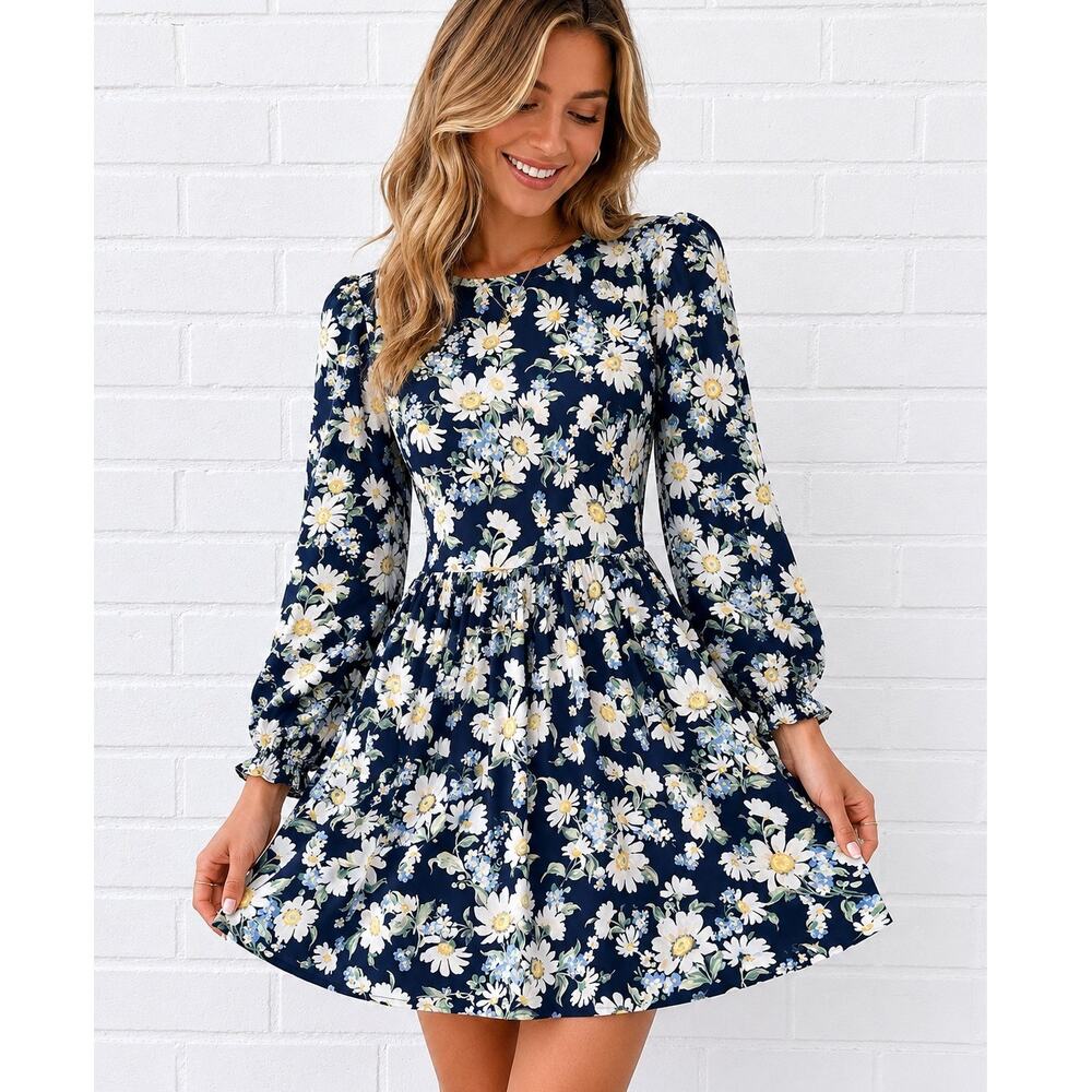 Kivari Womens US 4 Blue Daisy Floral Mini Dress Puff Sleeve 100% Viscose